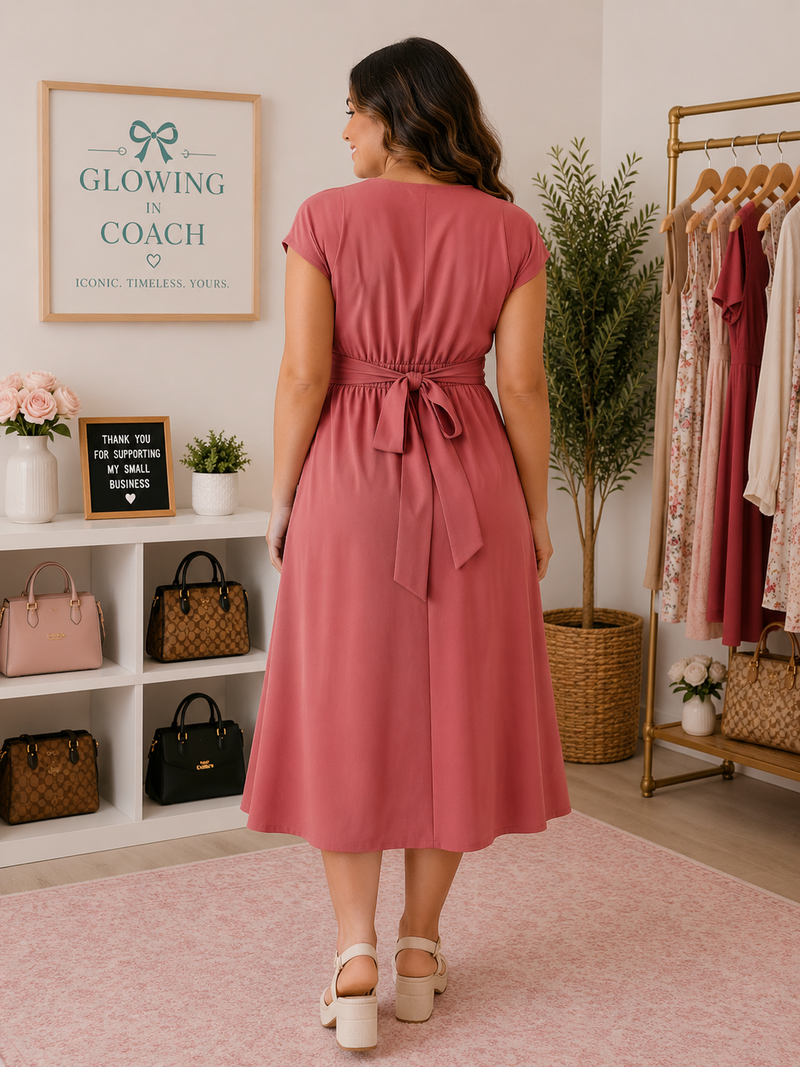 Kapok Red Ruched Midi Dress with Pockets by Halara | Size Large