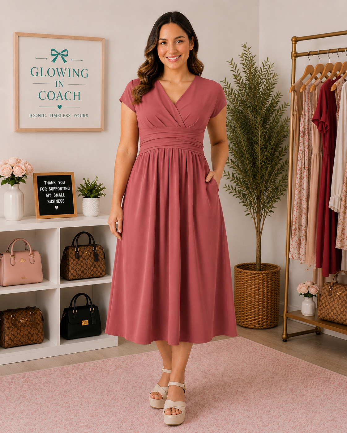 Kapok Red Ruched Midi Dress with Pockets by Halara | Size Large