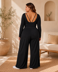 Halara Ribbed Halter Tie Back Off Shoulder Built-in Bra Long Sleeve Casual Jumpsuit