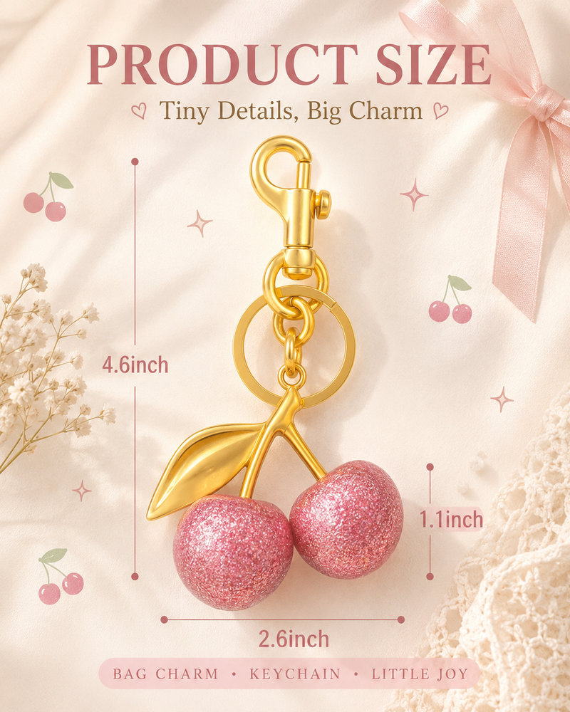 Pink Glitter Cherry Bag Charm Keychain