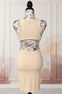 Cream Ribbed Cutout Dress - Back Mannequin Boutique Background