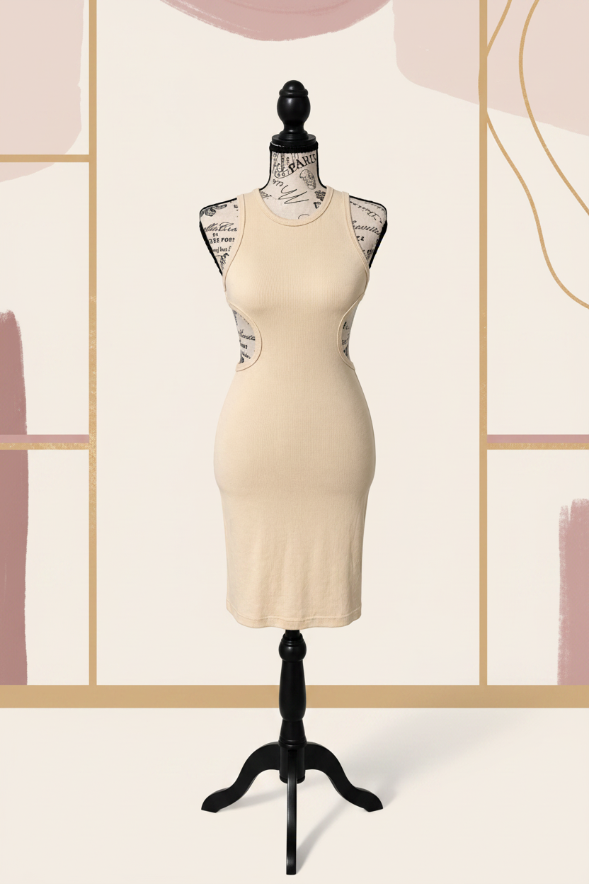 Cream Ribbed Cutout Dress - Front Mannequin Boutique Background