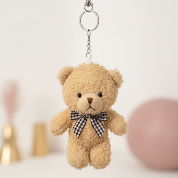 Teddy Bear Keychain - Tan Checkered Bow