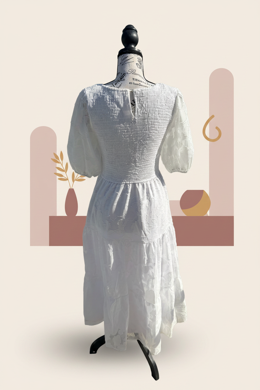 Zesica White Smocked Dress - Back