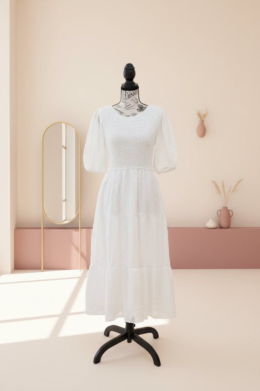 Zesica White Smocked Dress - Front